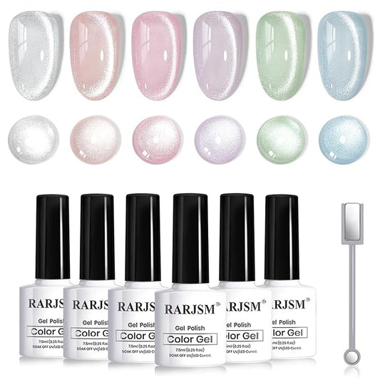 RARJSM Sparkle Diamond Cat Eye Gel Nail Polish Set 6 Colors Nude Pink Milky Jelly Purple Green Blue Silver Glitter Cateye Gel Polish with Magnet Stick UV LED Curing Requires Soak Off Home Salon Diy