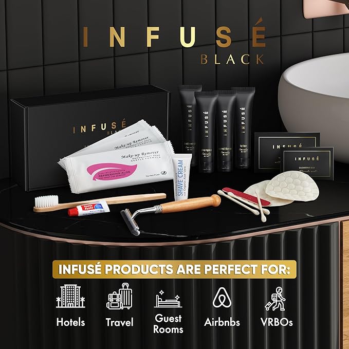 Infuse Black Amenity & Accessory Kit | 1 oz Travel Size Shampoo, Conditioner, Lotion, Body Wash, Body Bar, 2 Cleansing Bar, Shave & Dental Sets, Make-Up Remover Wipes, & Vanity Kit | 1 set per case
