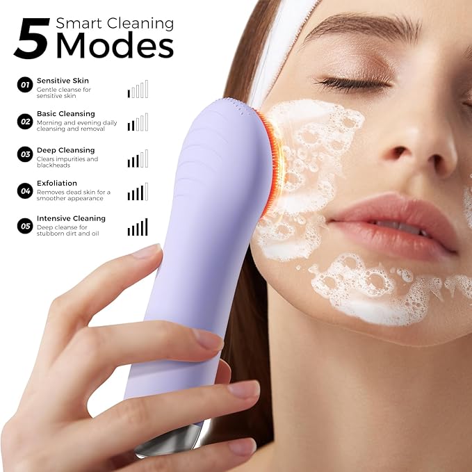 Facial Cleansing Brush: Rechargeable LED Electric Face Cleansing Brush with 4 Gentle Light Liquid Silicone Modes Face Scrubber Exfoliator,IPX7 Waterproof Ideal Gift for Men and Women-Purple