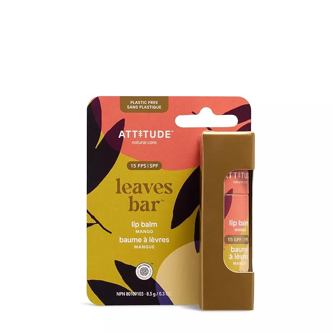 ATTITUDE Plastic-free Lip Balm with Sun Protection SPF 15, EWG Verified, Plant- and Mineral-Based Ingredients, Vegan and Cruelty-free, Mango, 0.3 Oz