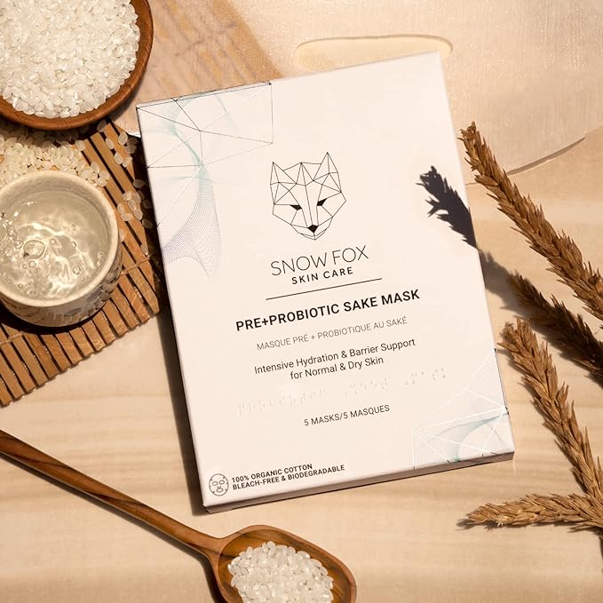 Snow Fox Pre+Probiotic Sake Sheet Mask – Microbiome Supportive Face Mask with 5 Vegan Biotics & Japanese Sake Ferment – Hydrating, Firming, Glowing Skincare – 5 Pack