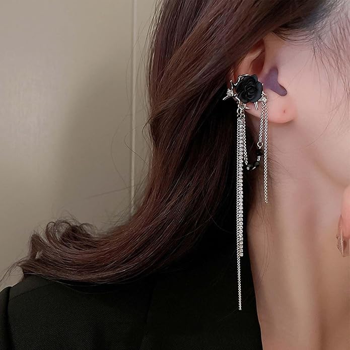 Punk Black Rose Flower Earring Long Rhinestone Chain Drop Earrings Silver Cz Tassel Chain Earrings Black Rose Flower Ear Cuff Earring Jewelry for Women