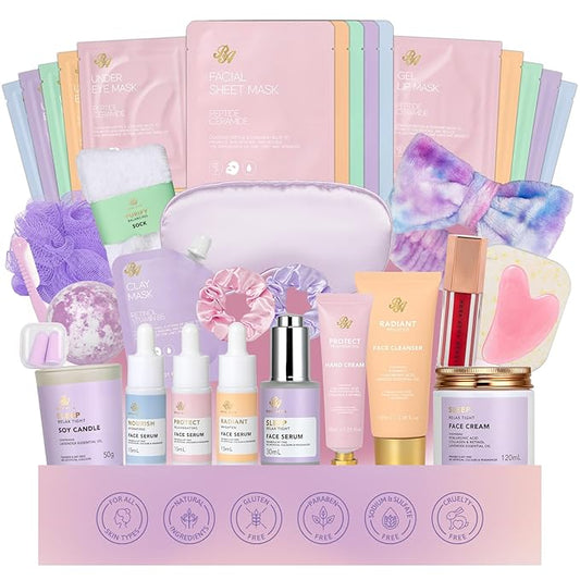 38 Pcs Skin Care Face Sheet Mask & Bath & Body Spa Gift Set for Women, Self-Care Relaxation Pampering Gift Basket, Bath Bomb, Eye Mask, Gua Sha, Face Serum, Lip Gloss, Christmas, Mother Day, Birthday
