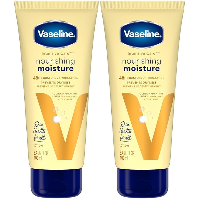 Vaseline Lotion, Intensive Care Nourishing Moisture 2-Pack – Moisturizer with Oat Extract + Ultra-Hydrating Lipids for Healing Extremely Dry Skin, 3.4 Oz Ea