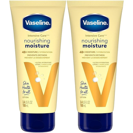 Vaseline Lotion, Intensive Care Nourishing Moisture 2-Pack – Moisturizer with Oat Extract + Ultra-Hydrating Lipids for Healing Extremely Dry Skin, 3.4 Oz Ea