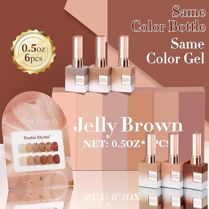 Double Rhythm 6 Pcs 15 ML Gel Polish Set Same Color Same Bottle Soak Off Gel Polish Kit Nail Art Manicure Salon DIY at Home for Women (Translucent Milky Brown Nude Orange Rose Red-T6-1)