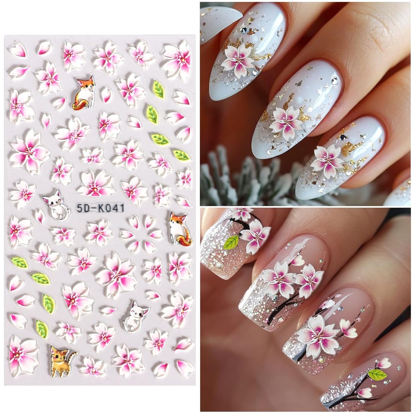 Pink Flower Nail Art Stickers Decals 5D Embossed Nail Decals Spring Summer Nails Art Design Self-Adhesive Supplies Accessories 3D Flower Stickers for Women Nails DIY Decoration