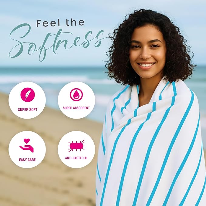 CASA COPENHAGEN Cabana Pool Bath Sheet, 70" x 35", Designed in Denmark Rough and Tough, Quick Dry, for Pool, Bath, Beach & Shower 2 Piece Cotton Pool Towels Set - White Teal Stripe