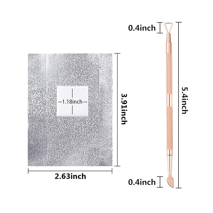 Gel Nail Polish Remover Set - Foil Nail Wraps/Wipes 300 Pcs Soak Off Gel Remover Foils Nail Wraps & 1 Pc Rose Gold Double Head Cuticle Pusher Peeler Scraper