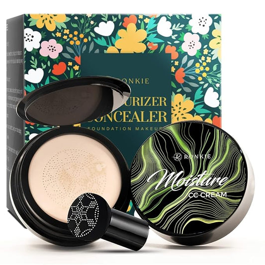 Mushroom Head Foundation, Moisturizing Concealer, Bright Makeup Base Long Lasting with Mushroom Makeup Sponge, Mirror inside，Easy to Apply, black