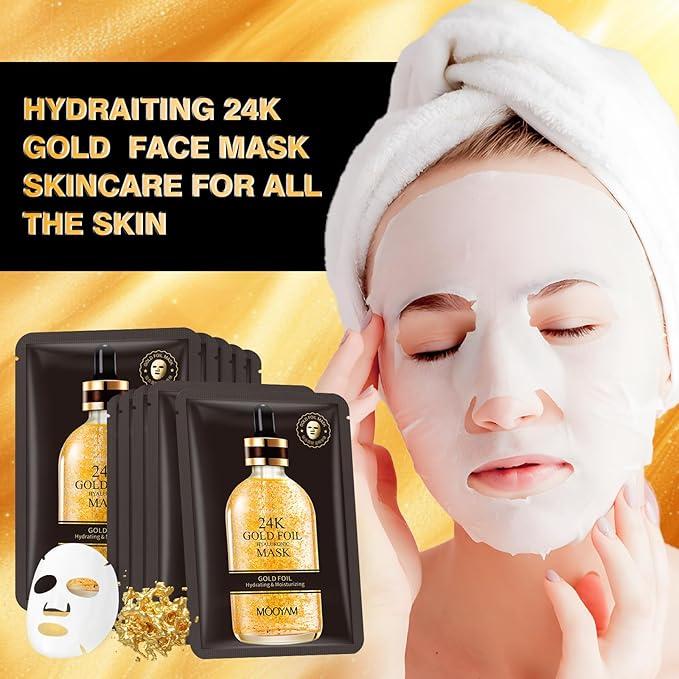 Facial Masks Skincare for Women,24K Gold Moisturize Face Mask Sheet for Girl,Hydrating Face Mask for All Skin Types,Dry Skin & Sensitive Skin (10-Packs)