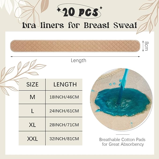 Toulite 20 Pcs Bra Liners for Sweat 18x3 Inch 3 Layer Washable Rectangle Cotton Under Breasts Pads for Women Absorb Sweating