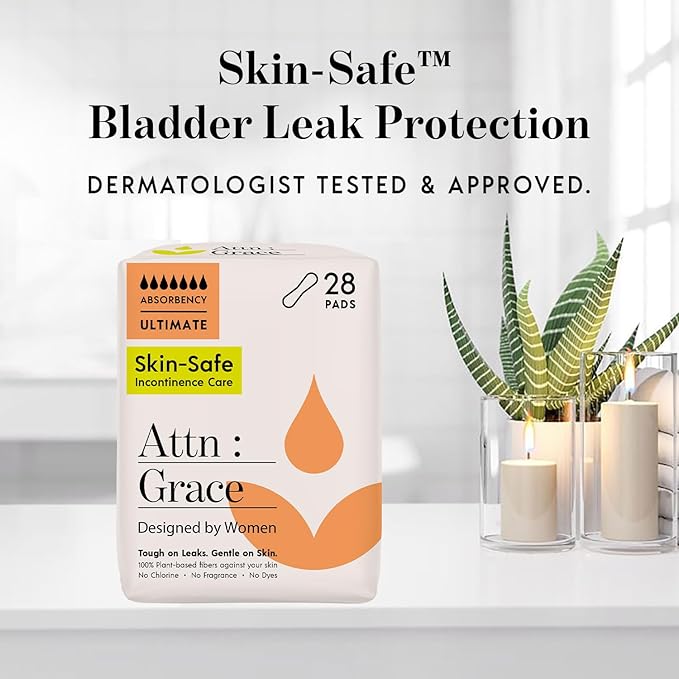 Attn: Grace Ultimate Incontinence Pads for Women, 28-Pack - High Absorbency, Breathable, Plant-Based - Overnight Pads for Heavy Bladder Leaks & Sensitive Skin