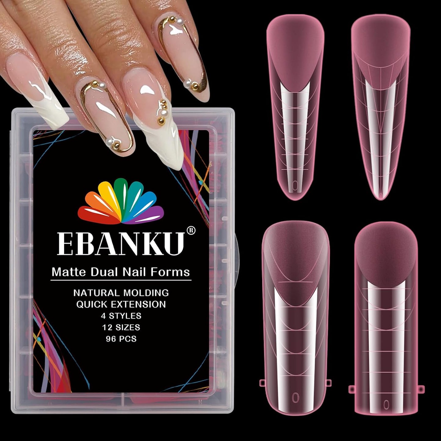 EBANKU Pink Dual Nail Forms, Full Cover Nail Mold Tips Acrylic Nail Extension Tools Scale for Poly Gel Nail Art Salon Nails Design, 96PCS