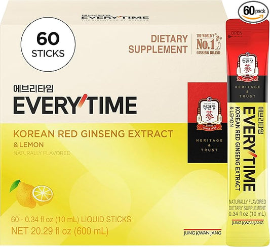 JUNG KWAN JANG Everytime Korean Red Ginseng Extract 1,050mg & Lemon - Vegan Energy Drink Liquid Stick Supplements - No Caffeine, No Gluten, Non-GMO 0.34 fl oz, 10EA (Pack of 6)