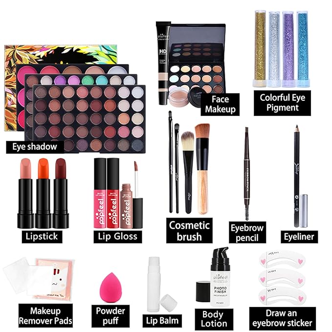 All-in-one Makeup Set Holiday Gift | Full Makeup Kit for Women Essential Starter Bundle Include Eyeshadow Palette Lipstick Blush Cream Concealer Face Powder Eyeliner Mascara Lipgloss Brush
