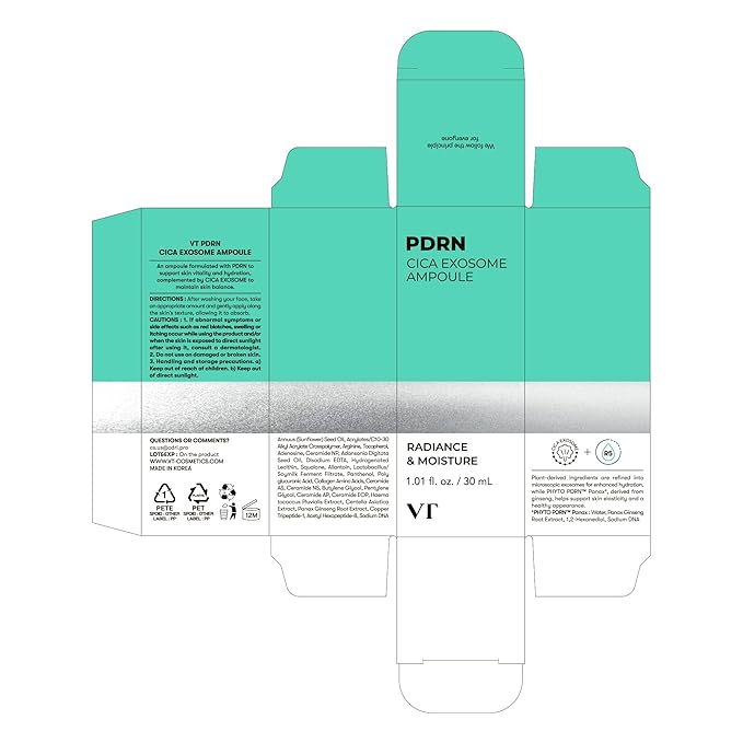 VT COSMETICS PDRN Cica Exosome Ampoule, Firming Serum with Peptide & Ceramide for Anti-Aging, Wrinkle Care, Plumping, Hydration & Radiant Glow, For All Skin Types, Korean Skincare (1.01 fl. oz.)