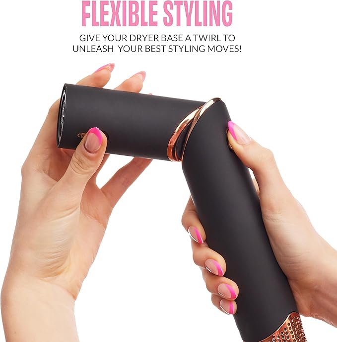 FoxyBae Super Styler Pro Interchangeable 5 in 1 Hair Styler Wand Curling Iron Set - w/Drying Cylinder, Ceramic Blowout & Round Brushes, 2 Auto-Wrap Curlers - Frizz-Free, Smooth Hair [Black Rose-Gold]