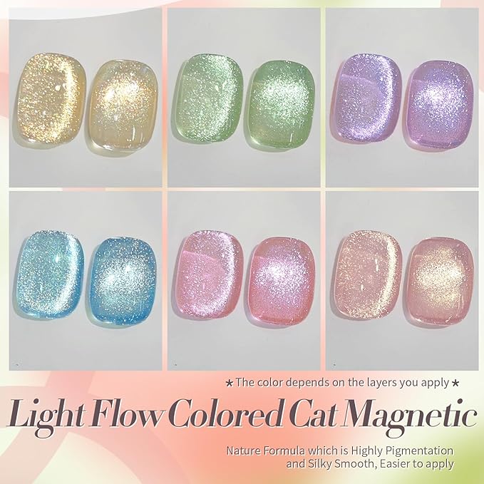 Born Pretty Cat Magnetic Eye Gel Nail Polish Spring Summer Pastel Shimmer Glitter Holographic Cat Magnetic Eye Gel Crystal Glass Cat Magnetic Gel Polish Manicure Nail Art DIY at Home 6PCS