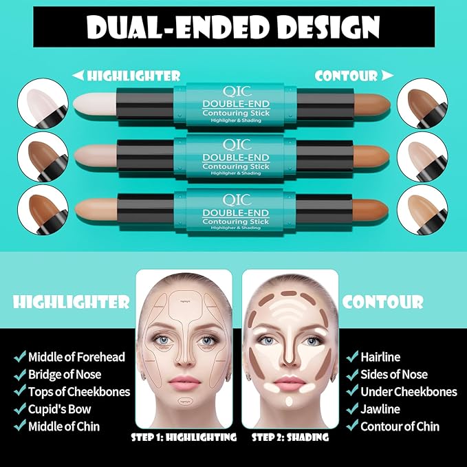 MEICOLY 2-in-1 Highlighter Contour Stick,Cool Toned Contour Stick,Makeup Highlighter Stick,Long Lasting Waterproof Bronzer Contour Pencil,Travel Cream Face Shaping Stick,03