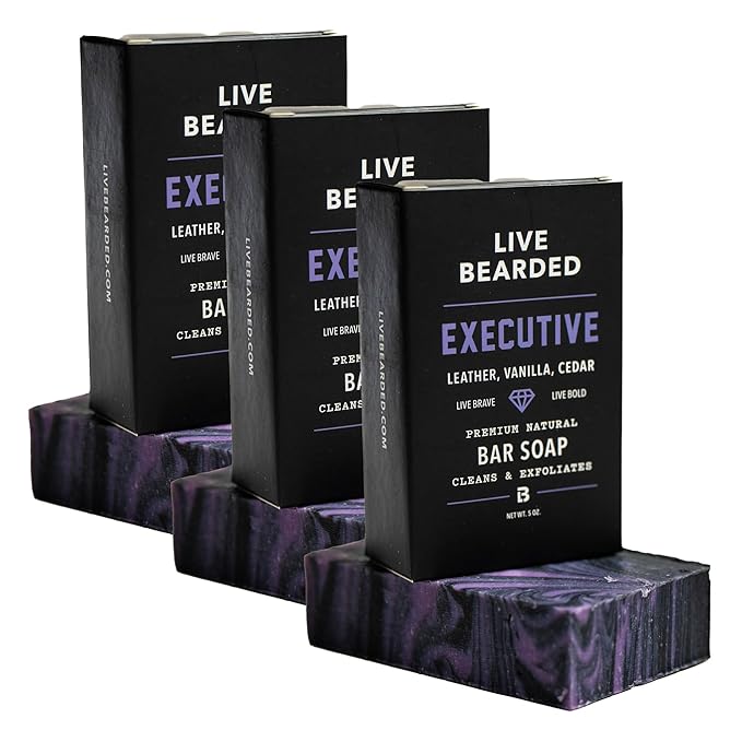 Live Bearded All-Natural Bar Soap for Men, 3-Pack of 5 oz - Made in the USA - Exfoliates and Moisturizes - Charcoal, Pumice, Shea Butter | Executive Scent - Cedar, Vanilla
