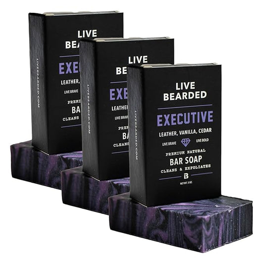 Live Bearded All-Natural Bar Soap for Men, 3-Pack of 5 oz - Made in the USA - Exfoliates and Moisturizes - Charcoal, Pumice, Shea Butter | Executive Scent - Cedar, Vanilla
