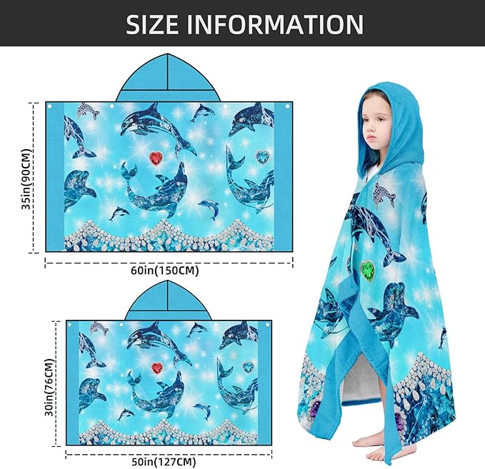 Dolphin Hooded Beach Towel for Girls, 30" x 50" Glittering Ocean Design Kids Poncho Bath Towel for Toddler, Light Blue Soft Absorbent with Hood for 3-10 Years Bathrobe for Swimming Pool Bath