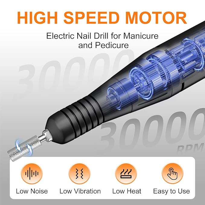 Professional Electric Nail Drill File:COSYGLOW Glitter Portable Cordless E-File Nail Drill Kit with 11 Drill Bits,30000 RPM Rechargeable Nail Drills Machine for Acrylic Nails Gel Polishing(Black)