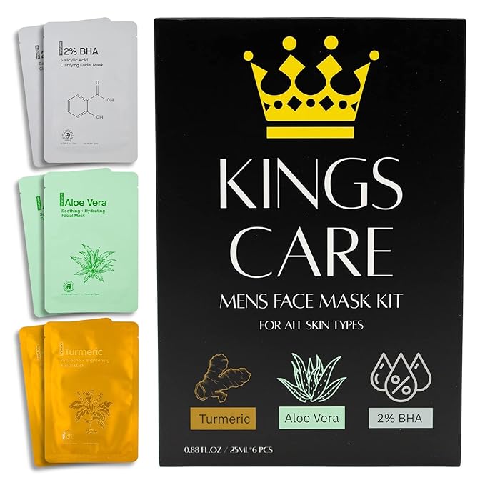 Mens Face Mask Skin Care Kit (6 Pack) - Turmeric Anti-Acne, Aloe Vera Soothing & 2% BHA Salicylic Acid Sheet Mask - Skin Care for Men Face Masks for Hydrating, Brightening & Refining Pores