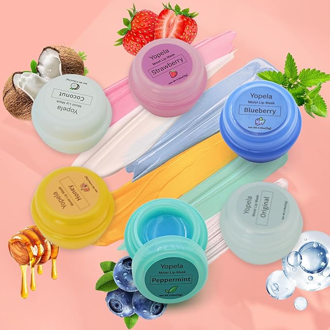 6 Pack Cute Lip Mask Sleeping Overnight for Dry Lips with Coconut Oil and Beeswax -Smoothing Hydrating Softening Plumoing Moisturizing with Small Lip Brush 6 Flavors 0.18 oz