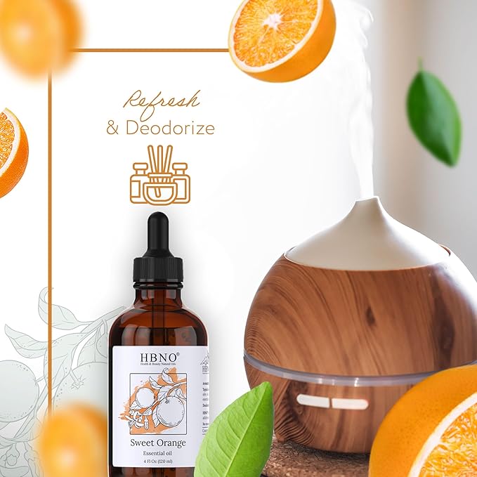 HBNO California Bottled Orange Essential Oil 4 fl oz (120ml) Value Size - Natural Orange Oil, Cold Pressed - Perfect for Cleaning, Aromatherapy, DIY, Soap & Diffuser