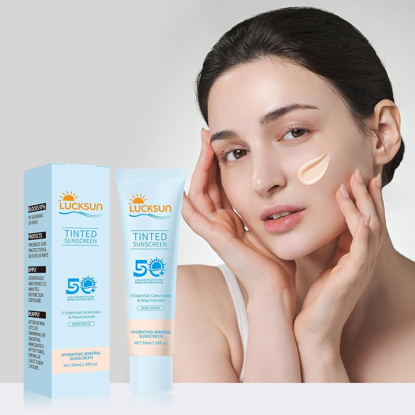 Tinted Sunscreen for Face SPF 50, 2 PCS Defense SPF 50 Face Sunscreen Lotion with Hyaluronic Acid, Sun Essence Faces Sunscreens, Hydrating, Moisturizing, UV Defense, Travel Size (Light Color)