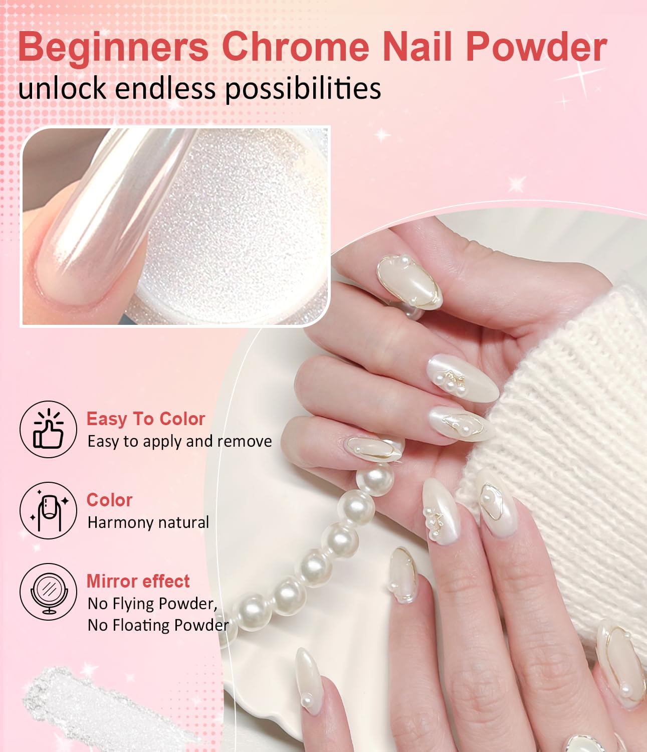 Gold Chrome Nail Powder BISHENGYF -【Magic Mirror Effect】 Pearl Chrome Nail Powder White Clear Aurora Mermaid Iridescent Nail Chrome Powder Pigment Glitter Dust for Manicure Decoation DIY