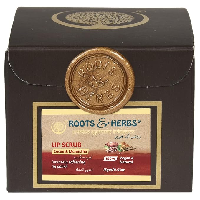 ROOTS AND HERBS Ayurvedic Cacao & Manjistha Cane Sugar Lip Scrub 100% Vegan, No-Paraben, No-SLS, No-Sulphate & Natural Treatment Exfoliator for Dark, Dry, Chapped Smooth & Brighter Lips (15gm/0.53oz)