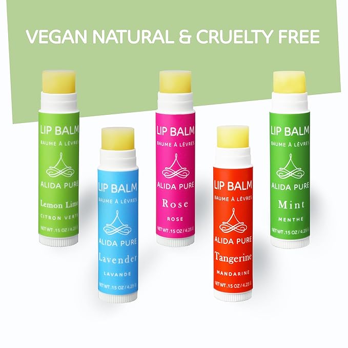 Aria Lip Balm Collection, Vegan Lip Balm Set, Beeswax Free, with Avocado Oil, Organic Jojoba Oil, and Vitamin E, Natural Moisturizer for Dry, Chapped Lips, 5 Tube Set