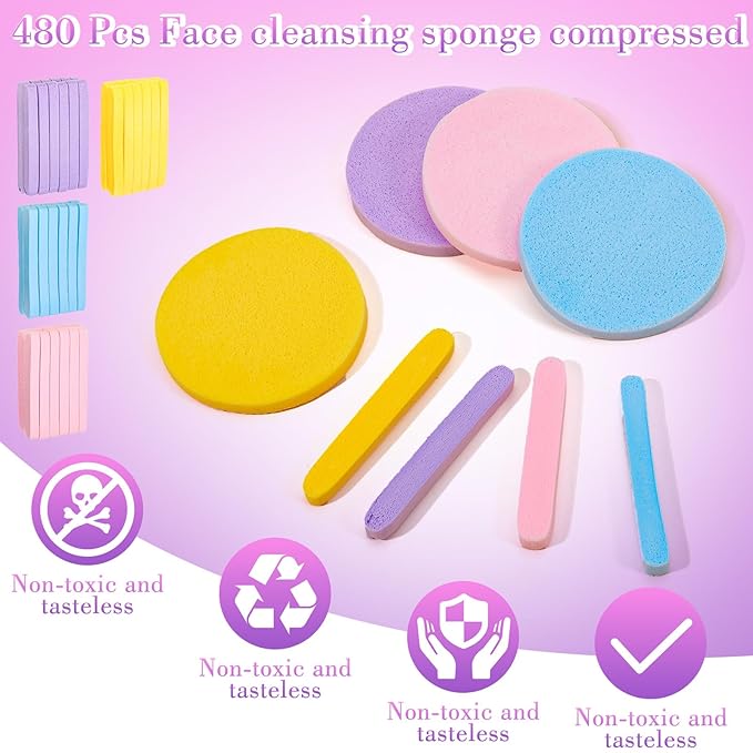 480 Pcs Compressed Facial Sponges 4 Colors Round Compressed Face Sponge for Clean, Reusable Makeup Removal Exfoliating PVA Facial Sponge for Esthetician Women Makeup Removal Wash Face Beauty Mask Spa