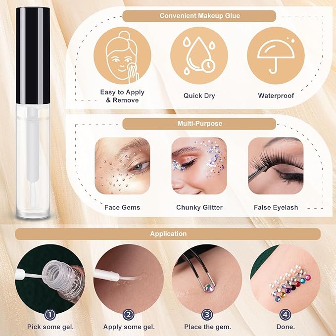 Colorful Face Gems for Makeup Set, Flatback Gorgeous Charming Mixed-Colored Chameleon Crystals with Makeup Glue+Picker Pencil+Tweezer+Dual-End Dotting Tool for Eye Body Hair Make-up and Nail Art Deco