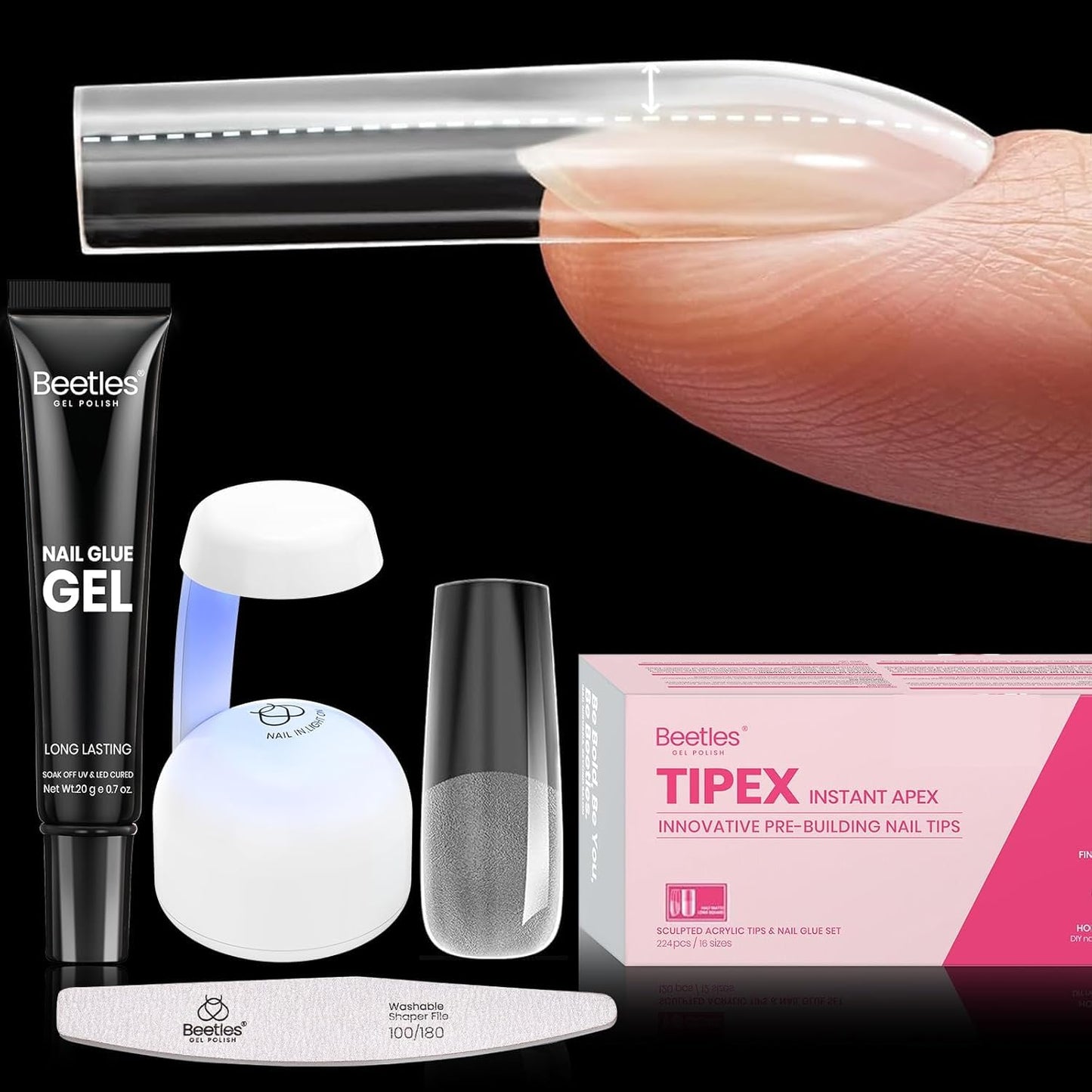 Beetles Tipex Nail Tips Kit, Long Square-C Curved Half Matte Nail Tips 224 Pcs 16 Sizes Pre Building Fake Nails with Tipex Nail Glue, Mini Nail Lamp - Thick Acrylic Nail Set