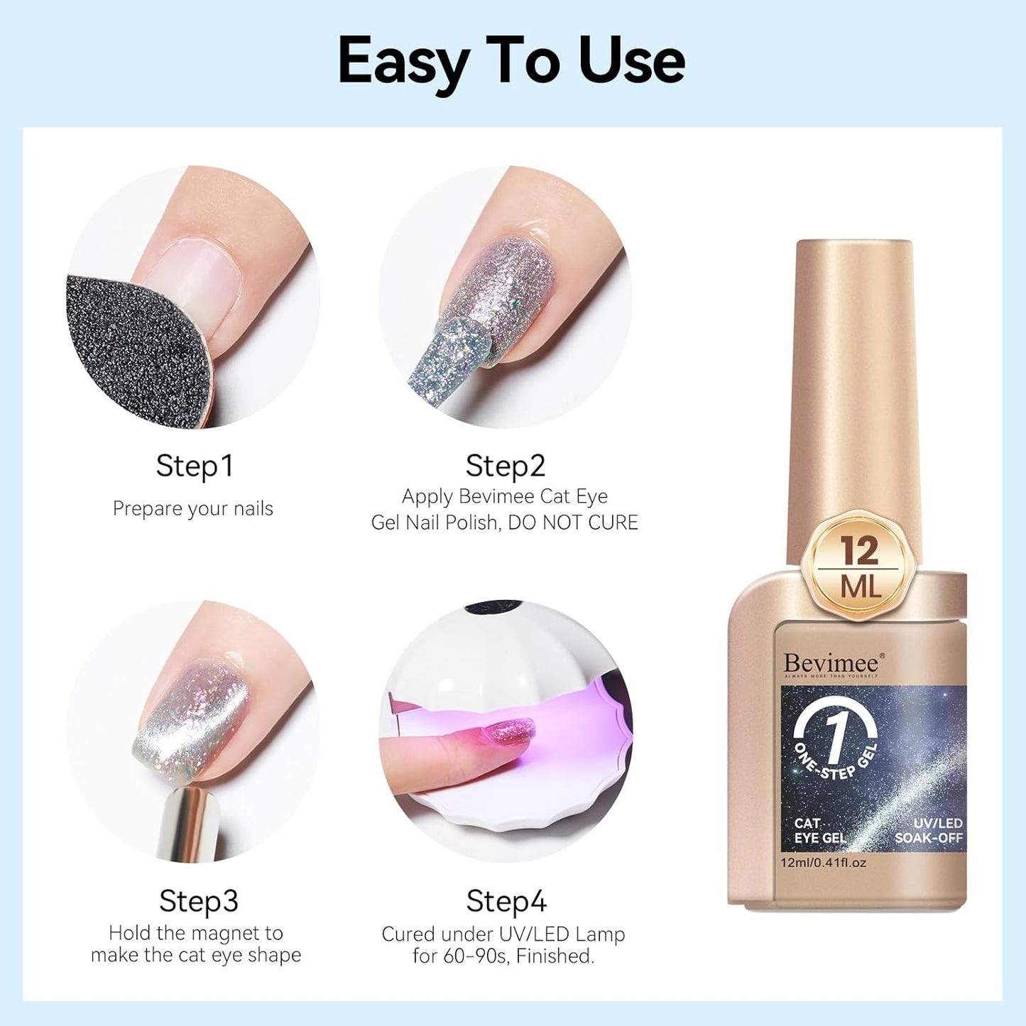 Cat Eye Gel Nail Polish 12ML, 3 In 1 Step Holographic Cateye Gel Polish With Magnet, Silver Glitter Magnetic Crystal Ice Shimmer Soak Off UV/LED Nail Art Design