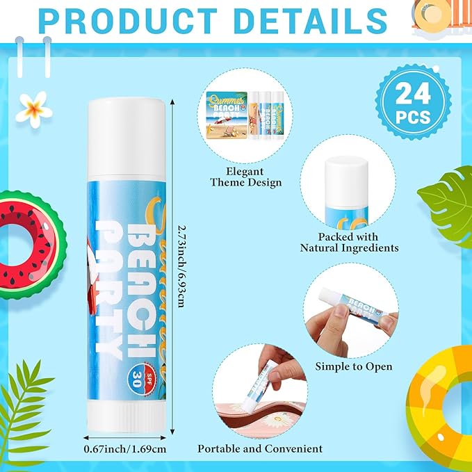 24 Pcs Sunscreen Lip Balms for Summer Beach Party SPF 30 Sunscreen Lip Balms Sticks Bulk Outdoor Travel Sunscreen Care Lip Balm for Thank You Gifts Summer Beach Wedding Party Supplies
