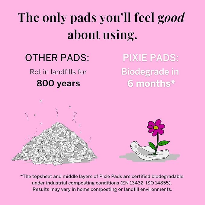 Pixie Organic Cotton Mini Pads with Wings for Women & Teens - Ultra Thin, Light Absorbency Menstrual Pads - Hypoallergenic, Unscented & Biodegradable for Feminine Care - FSA Eligible - 16 Count