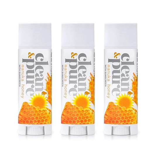 Lip Balm 3-Pack (Manuka Honey with Sunscreen) | Lip Care Set With 100% All Natural Beeswax | Vitamin E Oil | Flavored Lip Balm for Dry, Chapped Lips | Made in Australia