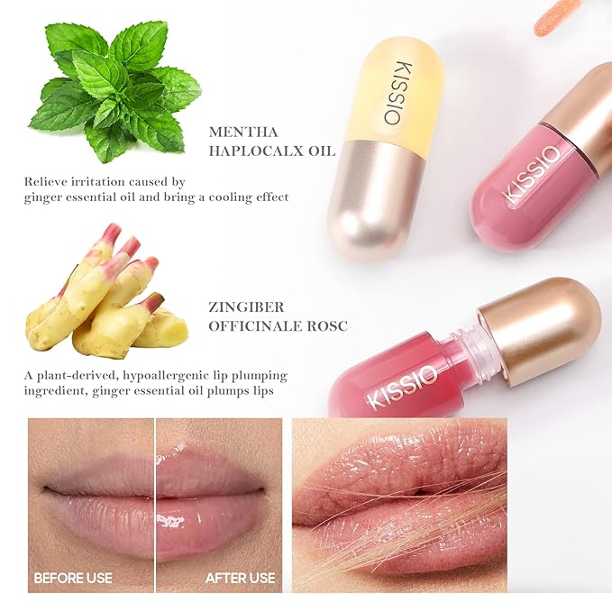 KISSIO Lip Plumper,Color Lip Plumper Gloss,Lip Enhancer,Plant Extracts Plumping Lip Serum,Moisturizing Lip Gloss for Fuller Lips and Hydrated Beauty Lips 5.5ml (02 Fig tea)