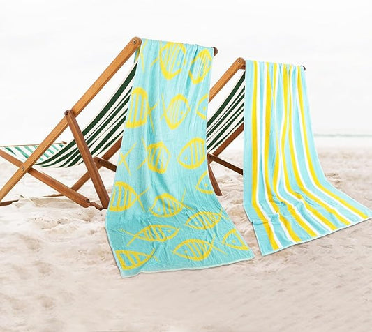 CASA COPENHAGEN Miami Bath Sheets Designed in Denmark Rough and Tough, Quick Dry, for Pool, Bath & Shower 35"x70", 2 Pieces Cotton Beach Towels Set - Fish Teal + Yellow Stripe