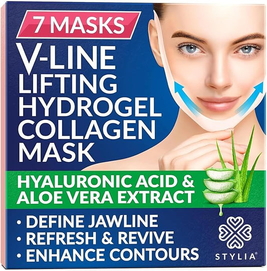 Stylia V Line Lifting Collagen Face Mask - Double Chin Strap for Women - Jawline Shaper Face Lift Tape - Neck Lift Collagen Mask - Chin Strap for Sleeping - Hyaluronic Acid, Aloe Vera, Cica 7P