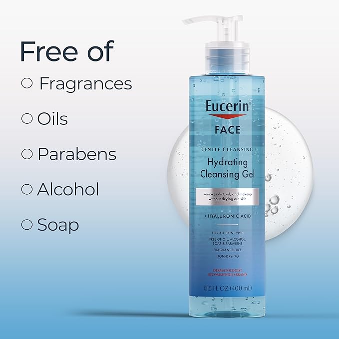 Eucerin Face Gentle Cleansing Hydrating Cleansing Gel, Daily Face Wash and Makeup Remover with Hyaluronic Acid, 13.5 Fl Oz Bottle