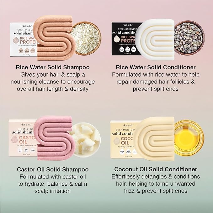 Kitsch Shampoo and Conditioner Set - 4pc Sampler Bars with Rice Water Shampoo and Conditioner, Castor Oil Shampoo & Coconut Oil Conditioner - Bottle-Free Beauty for Hair Growth, Repair & Moisture