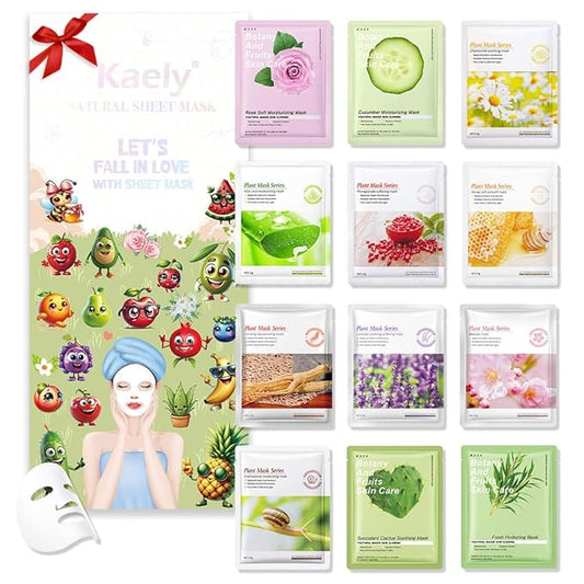 12 Pack Various Plants Face Sheet Mask Skincare,Hydrating Face Mask For Sensitive Skin,Moisturize,Soothing,Nourish for All Skin Types,Natural Spa Party Facial Mask Skincare Set for Women Men Girls