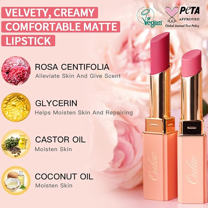 Oulac Nude Matte Lipstick for Women, Lipstick & Blush Duo, Peach Creamy Soft Satin Finish Lipsticks,Moisturising Formula,Rich Color Lightweight, Rose Oil,Vegan & Cruelty-Free| 3.6g (Y12