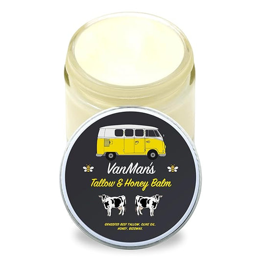 Vanman's Tallow and Honey Balm With No Added Scent - Beef Tallow Face Moisturizer with Grass-Fed/Finished Beef Tallow for Skin, Organic Raw Honey and Beeswax, Cold Pressed Olive Oil - 2 oz